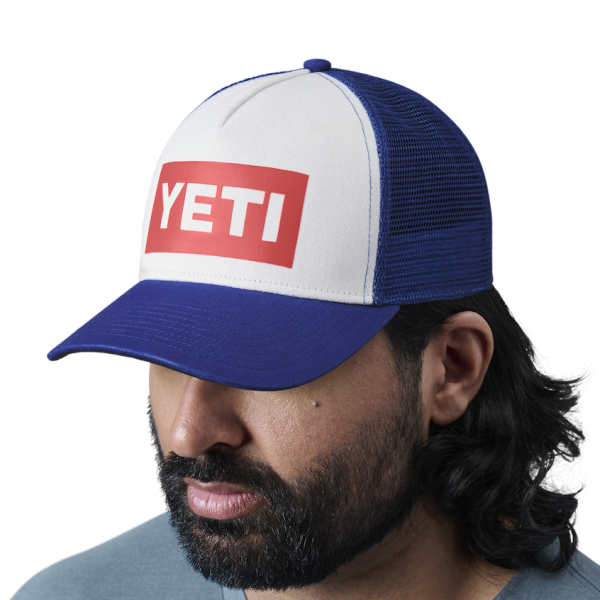 Blue/White Yeti American Logo Badge Trucker Hat Hats | JEXUP-7560