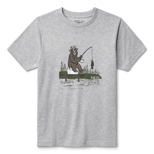 Heather Gray Yeti Kids\' Fishing Bear Short Sleeve T-Shirt Short Sleeve Tee | XZGBP-5869