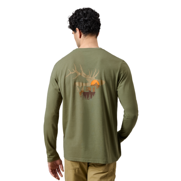 Heather Olive Yeti Sunrise Elk Long Sleeve T-Shirt Long Sleeve T-Shirt | PTLKC-3960