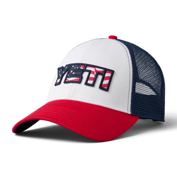 White/Red Yeti Waving Flag Trucker Hat Hats | RELBF-4038