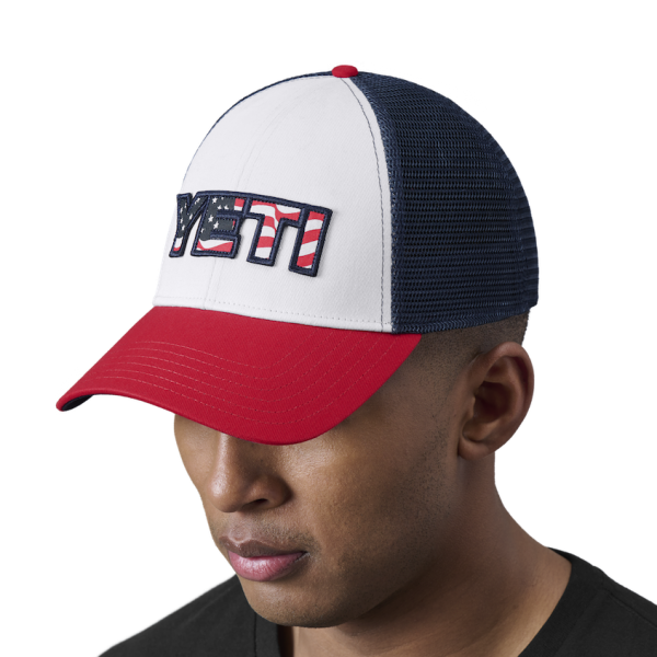 White/Red Yeti Waving Flag Trucker Hat Hats | RELBF-4038