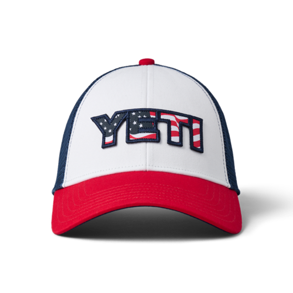 White/Red Yeti Waving Flag Trucker Hat Hats | RELBF-4038